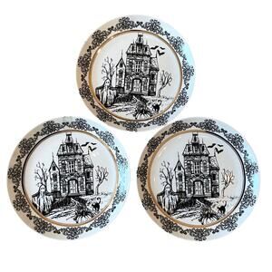 10 Strawberry St. HALLOWEEN HAUNTED HOUSE Appetizer Plates 6.25in Set of 3 NEW